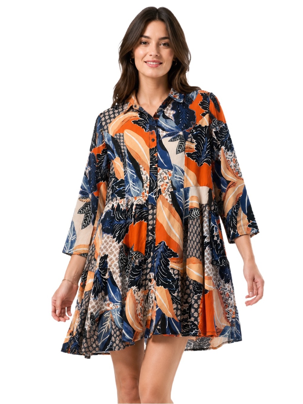 JAASE Boho Mixed Print long sleeve button down tunic mini dress, medium 🧡